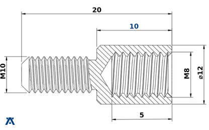 Technische Zeichnung Gewindeadapter M10 Außengewinde auf M8 Innengewinde, Länge 10 mm