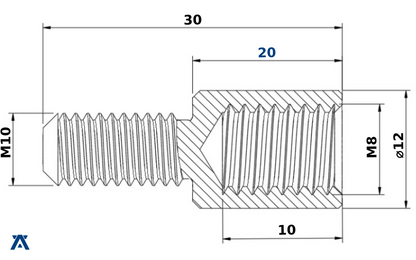 Technische Zeichnung Gewindeadapter M10 Außengewinde auf M8 Innengewinde, Länge 20 mm
